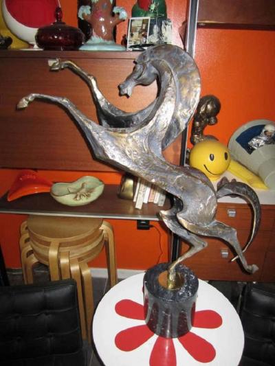 Curtis Jer Abstract Bronze Horse on Black Marble by Curtis Jere Mid century Modern