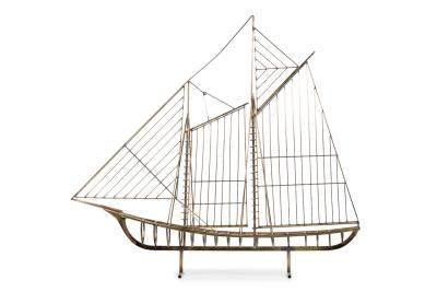 Curtis Jer American Mid Century Brass Model Of Ship By Curtis Jere