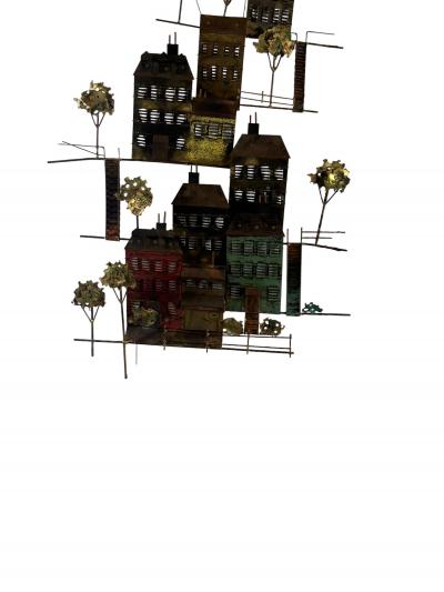 Curtis Jer BRUTALIST METALS BUILDINGS TREES ON HLLSIDE WALL SCULPTURE BY CURTIS JERE