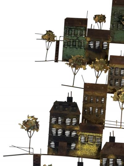 Curtis Jer BRUTALIST METALS BUILDINGS TREES ON HLLSIDE WALL SCULPTURE BY CURTIS JERE