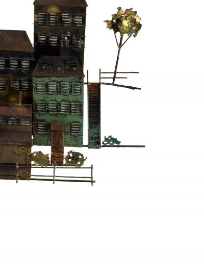 Curtis Jer BRUTALIST METALS BUILDINGS TREES ON HLLSIDE WALL SCULPTURE BY CURTIS JERE