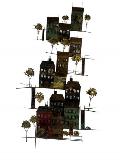 Curtis Jer BRUTALIST METALS BUILDINGS TREES ON HLLSIDE WALL SCULPTURE BY CURTIS JERE