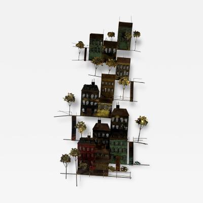 Curtis Jer BRUTALIST METALS BUILDINGS TREES ON HLLSIDE WALL SCULPTURE BY CURTIS JERE