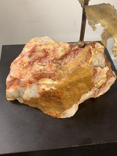 Curtis Jer BRUTALIST MIXED METALS ARTIST OWL ON NATURAL ONYX ROCK BASE SCULPTURE