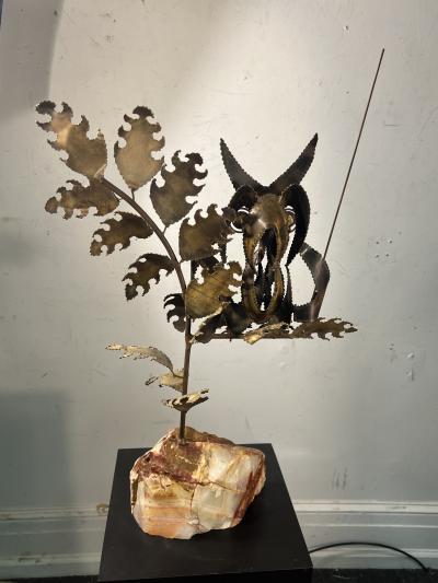 Curtis Jer BRUTALIST MIXED METALS ARTIST OWL ON NATURAL ONYX ROCK BASE SCULPTURE