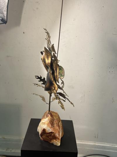 Curtis Jer BRUTALIST MIXED METALS ARTIST OWL ON NATURAL ONYX ROCK BASE SCULPTURE