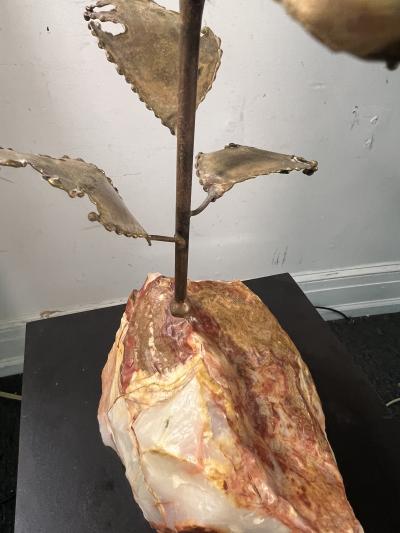 Curtis Jer BRUTALIST MIXED METALS ARTIST OWL ON NATURAL ONYX ROCK BASE SCULPTURE