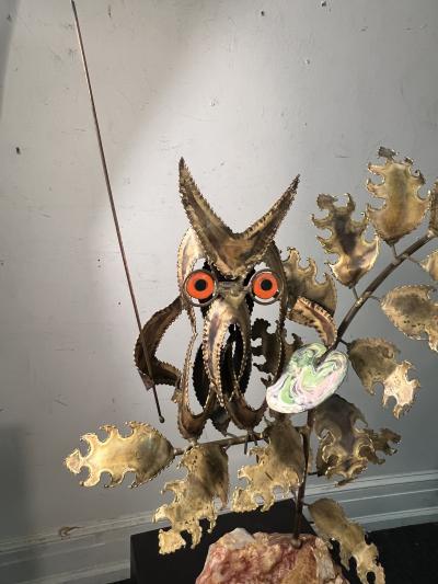 Curtis Jer BRUTALIST MIXED METALS ARTIST OWL ON NATURAL ONYX ROCK BASE SCULPTURE