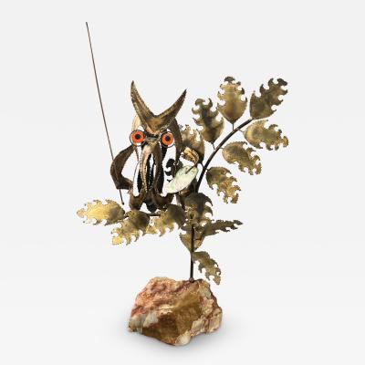 Curtis Jer BRUTALIST MIXED METALS ARTIST OWL ON NATURAL ONYX ROCK BASE SCULPTURE