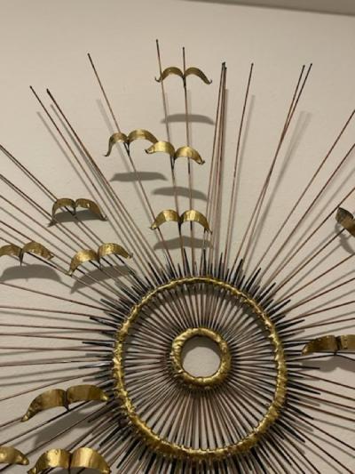Curtis Jer BRUTALIST SPIKED METAL SUNBURST WITH BIRDS WALL SCULPTURE