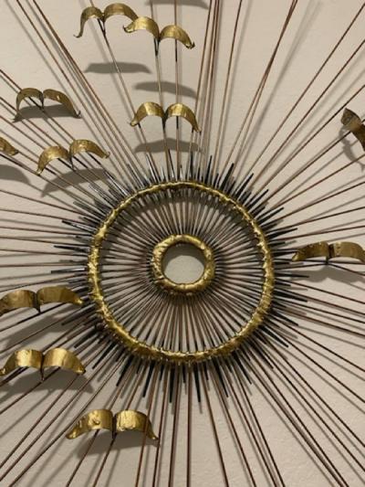 Curtis Jer BRUTALIST SPIKED METAL SUNBURST WITH BIRDS WALL SCULPTURE