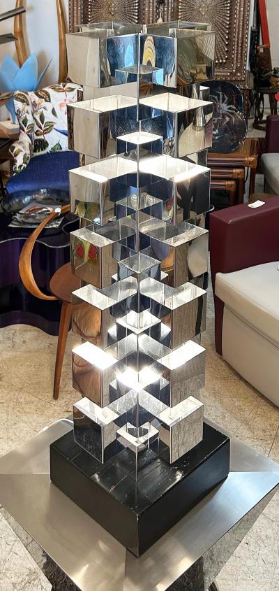 Curtis Jer Curtis Jere Stacked Chrome Geometric Skyscraper Lamp Signed Working Condition