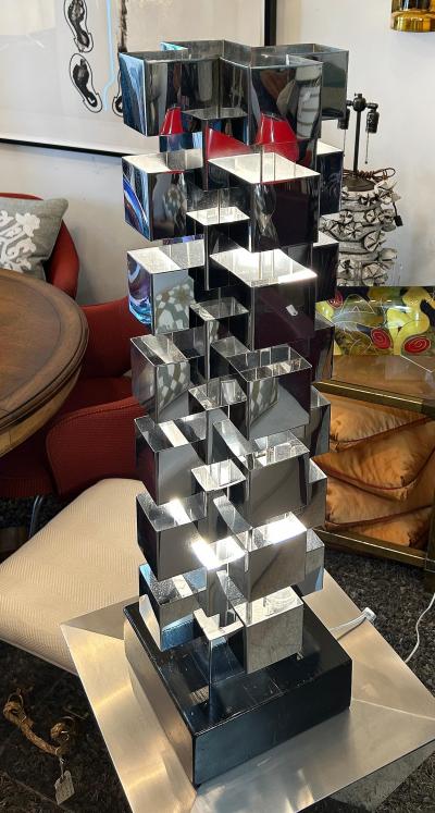 Curtis Jer Curtis Jere Stacked Chrome Geometric Skyscraper Lamp Signed Working Condition
