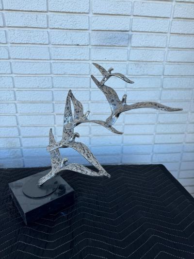 Curtis Jer Curtis Jere Style Aluminum 19 Five Birds in Flight Sculpture on Granite Base