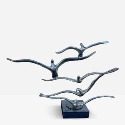 Curtis Jer Curtis Jere Style Aluminum 19 Five Birds in Flight Sculpture on Granite Base