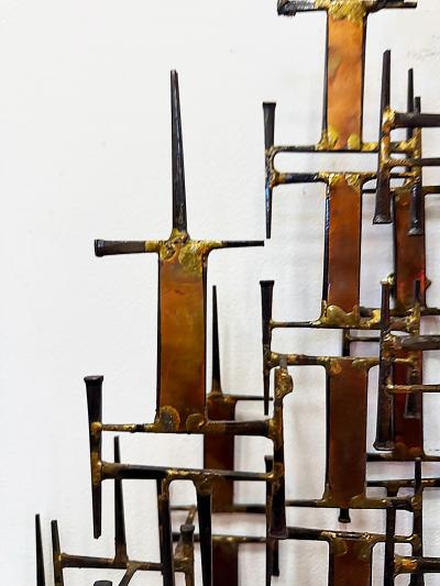 Curtis Jer Large Mid century Modern Iron Brass Brutalist Wall Sculpture Jere Style
