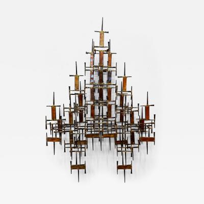 Curtis Jer Large Mid century Modern Iron Brass Brutalist Wall Sculpture Jere Style