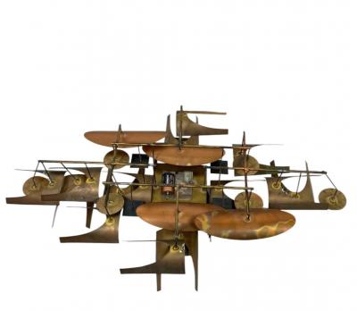 Curtis Jer MID CENTURY BRUTALIST MIXED METALS ENAMEL SCULPTURAL WALL CLOCK