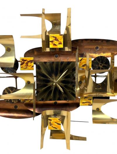 Curtis Jer MID CENTURY BRUTALIST MIXED METALS ENAMEL SCULPTURAL WALL CLOCK