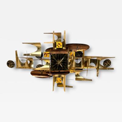 Curtis Jer MID CENTURY BRUTALIST MIXED METALS ENAMEL SCULPTURAL WALL CLOCK
