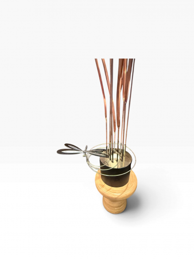 Curtis Jer MIXED METALS CATTAILS REEDS LEAVES DRAGONFLY BRUTALIST ILLUMINATED SCULPTURE