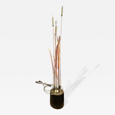 Curtis Jer MIXED METALS CATTAILS REEDS LEAVES DRAGONFLY BRUTALIST ILLUMINATED SCULPTURE