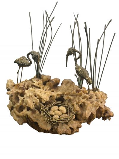 Curtis Jer MODERN BRASS FLAMINGOS WITH NEST ON BRUTALIST CORAL BASE SCULPTURE