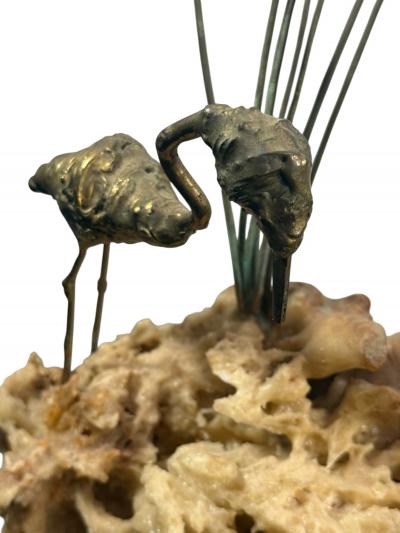 Curtis Jer MODERN BRASS FLAMINGOS WITH NEST ON BRUTALIST CORAL BASE SCULPTURE