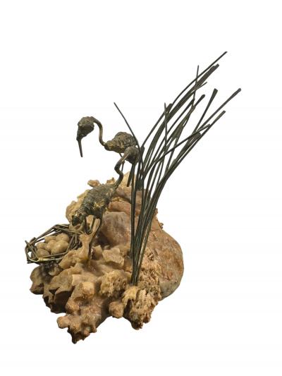 Curtis Jer MODERN BRASS FLAMINGOS WITH NEST ON BRUTALIST CORAL BASE SCULPTURE