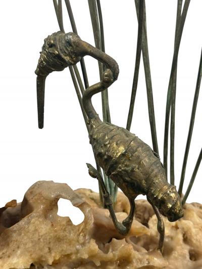 Curtis Jer MODERN BRASS FLAMINGOS WITH NEST ON BRUTALIST CORAL BASE SCULPTURE