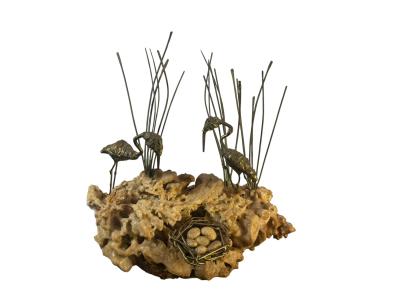 Curtis Jer MODERN BRASS FLAMINGOS WITH NEST ON BRUTALIST CORAL BASE SCULPTURE
