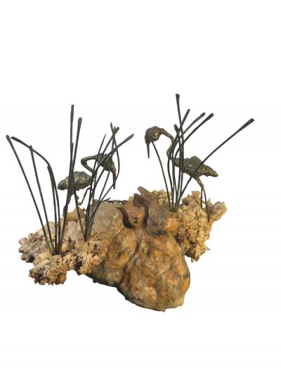 Curtis Jer MODERN BRASS FLAMINGOS WITH NEST ON BRUTALIST CORAL BASE SCULPTURE
