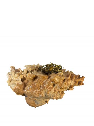 Curtis Jer MODERN BRASS FLAMINGOS WITH NEST ON BRUTALIST CORAL BASE SCULPTURE