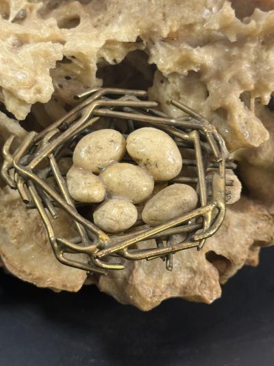 Curtis Jer MODERN BRASS FLAMINGOS WITH NEST ON BRUTALIST CORAL BASE SCULPTURE