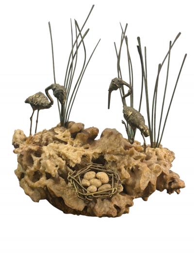 Curtis Jer MODERN BRASS FLAMINGOS WITH NEST ON BRUTALIST CORAL BASE SCULPTURE