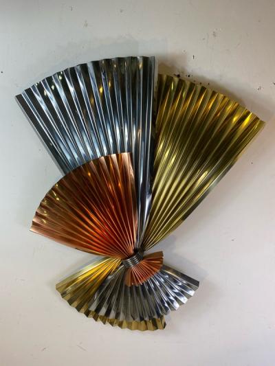 Curtis Jer MODERNIST TRICOLOR METAL FAN WALL SCULPTURE BY CURTIS JERE