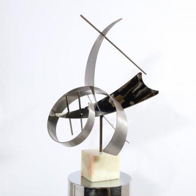 Curtis Jer Modernist Curvilinear Sculpture in Brushed Aluminum w Onyx Base Signed Curtis J