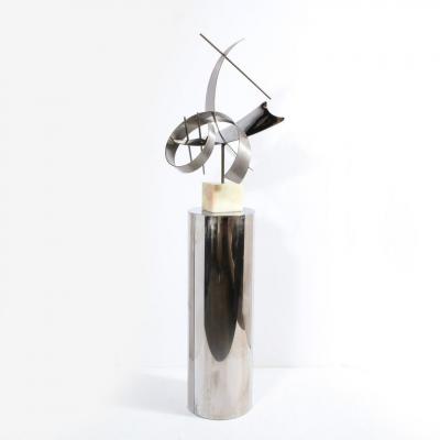 Curtis Jer Modernist Curvilinear Sculpture in Brushed Aluminum w Onyx Base Signed Curtis J