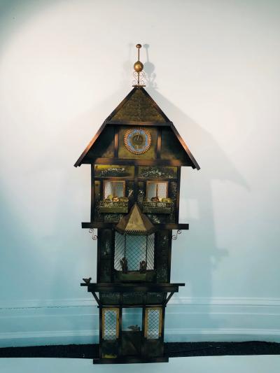 Curtis Jer Rare Curtis Jere Wall Sculpture Birds in Front of a Clock Tower
