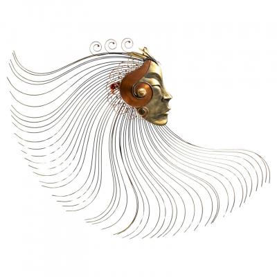 Curtis Jer Surrealist Female Metal Wall Sculpture with Stylized Flowing Headdress c 1970s