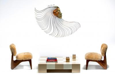 Curtis Jer Surrealist Female Metal Wall Sculpture with Stylized Flowing Headdress c 1970s