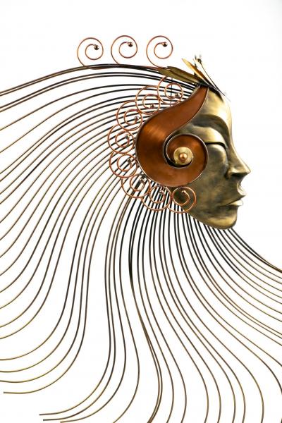 Curtis Jer Surrealist Female Metal Wall Sculpture with Stylized Flowing Headdress c 1970s