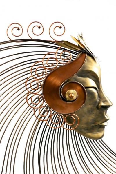 Curtis Jer Surrealist Female Metal Wall Sculpture with Stylized Flowing Headdress c 1970s