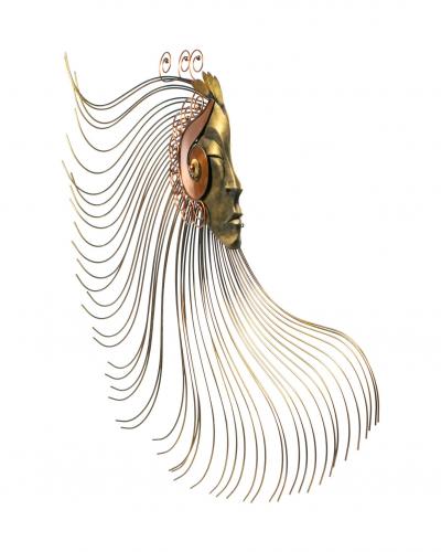 Curtis Jer Surrealist Female Metal Wall Sculpture with Stylized Flowing Headdress c 1970s