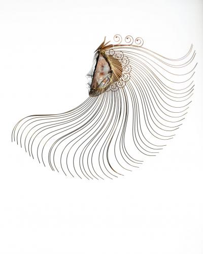 Curtis Jer Surrealist Female Metal Wall Sculpture with Stylized Flowing Headdress c 1970s