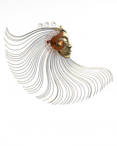 Curtis Jer Surrealist Female Metal Wall Sculpture with Stylized Flowing Headdress c 1970s