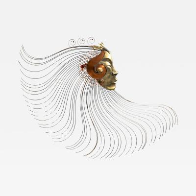 Curtis Jer Surrealist Female Metal Wall Sculpture with Stylized Flowing Headdress c 1970s