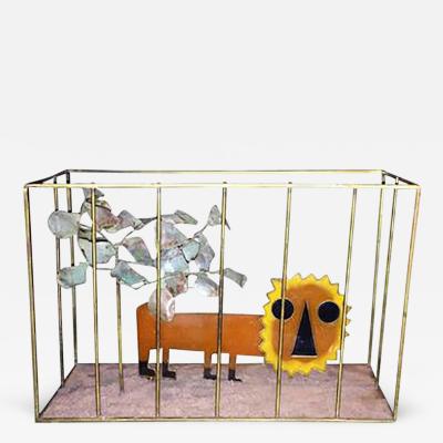 Curtis Jere Animated Curtis Jere Modernist Pop Orange Resin Lion in Brass Cage Sculpture