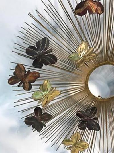 Curtis Jere Beautiful and Rare Curtis Jere Sunburst Wall Sculpture with Butterflies