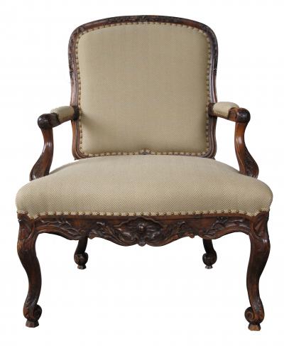 Curvaceous Danish Rococo Style Carved Walnut Open Arm Chair